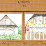 Štít a detail výzdoby na kresbě Quido Šimka z 1. třetiny 20. století (Regionální muzeum v Litomyšli)